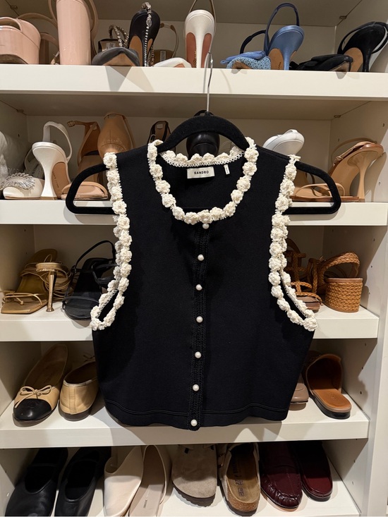 Sandro Tops - Sandro Black Knit Sleeveless cardigan with Cream Crochet Trim